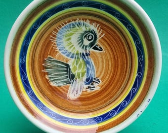 Vintage 1970s Joe Lester Pottery Trinket Dish: Hand-Painted Bird.