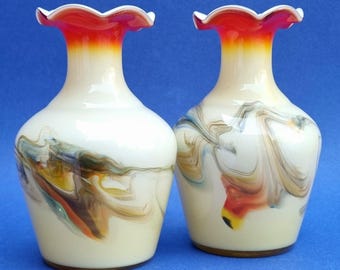 Mid-Century Art Glass Vases: Dalian Snowflake Series with Smokey Swirls, Fluted Rims (Pair)