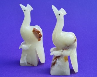 A Stunning Pair of Vintage Hand Carved Onyx of 2 Perched Crane Birds.