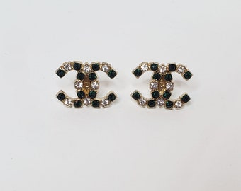 Repurposed Designer Emerald Green and Clear Rhinestone Button Stud Earrings