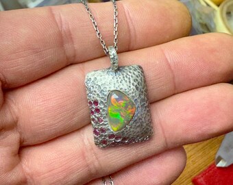 Handmade Opal Necklace, Sterling Silver Ruby Pendant, One of a Kind Jewelry