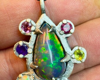 Handmade Sterling Silver Teardrop Opal Pendant Necklace, Multicolor Gemstone Statement Jewelry