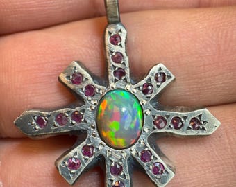 Handmade Opal Sunburst Necklace – Ruby Accents, Boho Silver Pendant