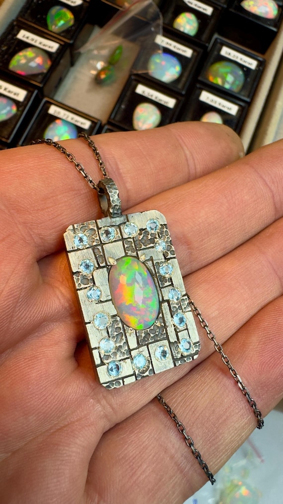 Natural Opal and Blue Topaz Handmade Silver Necklace | Oxidized Sterling Silver | Unique Artisan Jewelry