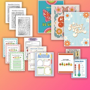 Può includere: Una collezione di diari e pagine da colorare stampabili. Include libri da colorare mandala, diari della gratitudine e tracker dell'umore. I diari presentano disegni colorati e testo come "Just Checkin' In" e "Feeling Good."