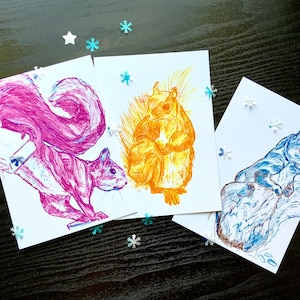 Colorful squirrels, playful squirrels, wildlife art print, cute animal postcards, squirrel postcard set, 5x7 inches
