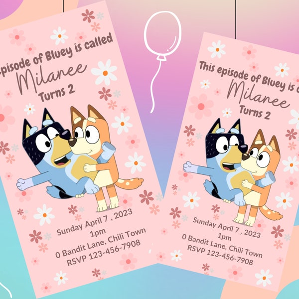 Canva Template |Bluey Bingo Birthday Invitation| Printable Bluey Birthday | Pink Flower Girls Party Invite | Kids party |Instant Download