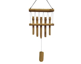 Small Simple Bamboo Wind Chimes Outdoor, 5 Tubes Single Row, Relaxing Handcrafted Gifts for Mom/ Grandma/ Women, Garden Lawn Yard Decor 23"