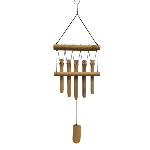 Small Simple Bamboo Wind Chimes Outdoor, 5 Tubes Single Row, Relaxing Handcrafted Gifts for Mom/ Grandma/ Women, Garden Lawn Yard Decor 23"