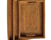 Handmade Rattan Trays With Handles Handwoven Rectangular Multi-purpose Storage Baskets Natural Rattan Set of 3 Different Sizes