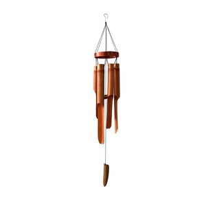May include: A wooden wind chime with a brown wooden ring and multiple brown bamboo tubes hanging from it. The wind chime is suspended from a black string.