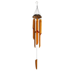 May include: A bamboo wind chime with a black metal top and five hanging tubes. The tubes are made of natural bamboo and are different lengths. The wind chime is hanging from a hook.