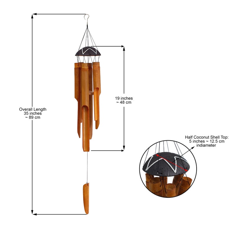 May include: A bamboo wind chime with a half coconut shell top. The chime is 35 inches long and has a diameter of 5 inches. The chime is made of natural bamboo and has a black and white design.
