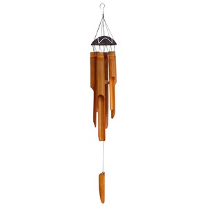 May include: A brown bamboo wind chime with a black metal top and a single hanging tube at the bottom. The chime is made of multiple tubes of varying lengths.