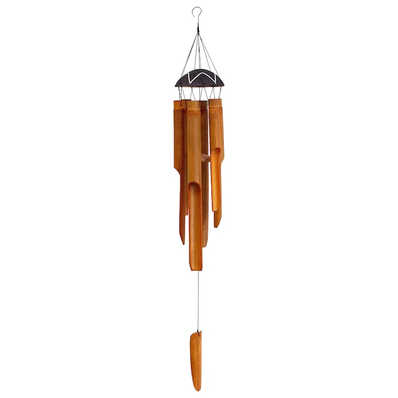 May include: A brown bamboo wind chime with a black metal top and a single hanging tube at the bottom. The chime is made of multiple tubes of varying lengths.