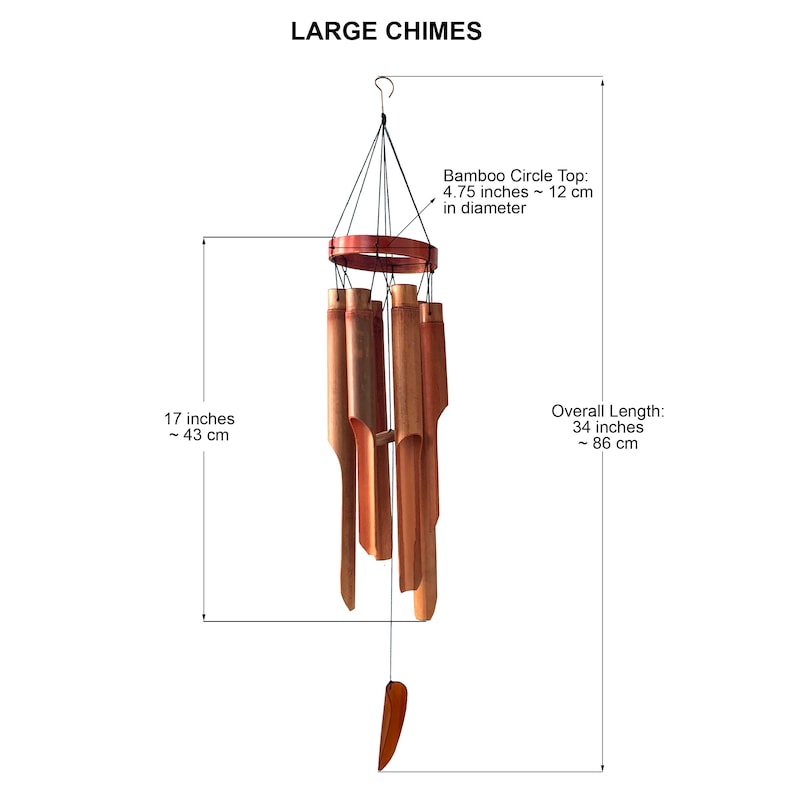 May include: A large wooden wind chime with 7 tubes, a wooden top ring, and a brown wooden finial. The chime is 34 inches (86 cm) long and the top ring is 4.75 inches (12 cm) in diameter.