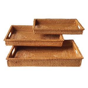 Handmade Rattan Trays With Handles| Handwoven Rectangular Multi-purpose Storage Baskets | Natural Rattan| Set of 3 Different Sizes