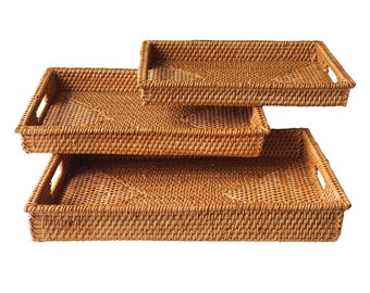 Bandejas de ratán hechas a mano con asas / Cestas rectangulares multiusos tejidas a mano / Ratán natural / Juego de 3 tamaños diferentes