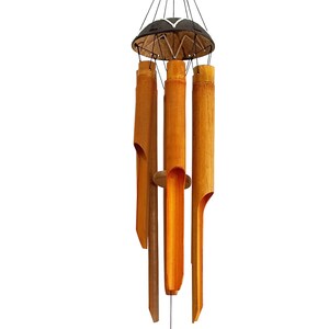 May include: A bamboo wind chime with five hollow tubes, each with a different length and tone. The tubes are suspended from a black and white wooden top with a string.