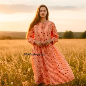 Indian Cotton Handmade Print Colourful Summer Earthy Elegant Comfy Daywear Mom Outfit Dress | Summer Beach Travel Outfit Dress, Mom Gifts