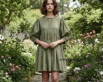 Daily Cotton Women Balloon Sleeves Comfortable Mini Midi Dress, Women Trendy Cotton Dress, Mom Outfit Shopping Wear Dress, Daily Wear Dress