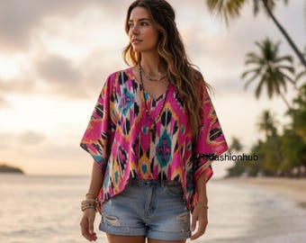 Cotton Kaftan Top, Indian Floral Kaftan, Short Caftan Top For to be Moms, Beach Cover up Travel Indian Kaftan, Top Dress Bikini Cover Up.