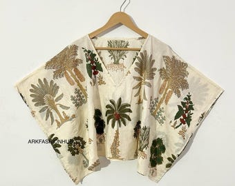 Cotton Kaftan Top, Indian Floral Kaftan, Short Caftan Top For to be Moms, Beach Cover up Travel Indian Kaftan, Top Dress Bikini Cover Up.