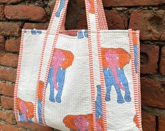 Floral Hand Block Printed Cotton Quilted Tote Bag: Boho Beach Bag