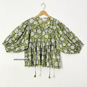 Green Floral Women Cotton Comfy Blouse Top, Lightweight Relaxed Top Blouse, Earthy Floral Bohemian Blouse Top, Summer Beach Travel Top.