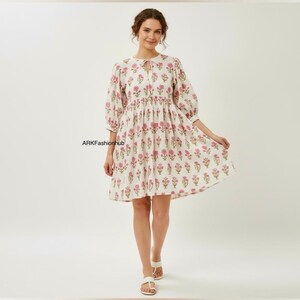 Pink Floral Cotton Hand Block Print Mini Dress, Bohemian Super Comfy Daily Wear Mom Out Fit Dress, Mini Midi Boho Dress, Gifts For Her