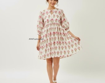 Pink Floral Cotton Hand Block Print Mini Dress, Bohemian Super Comfy Daily Wear Mom Out Fit Dress, Mini Midi Boho Dress, Gifts For Her