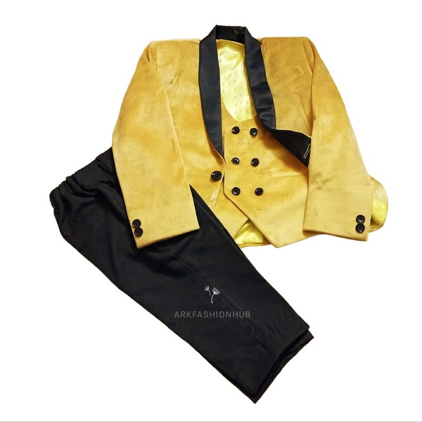 Boy's & Kid's Soft Velvet Slim Fit Suits Shawl Lapel Tuxedo Velvet Yellow Suits Hand Made Making Suits Wedding Wear Groom Wear Party Suits