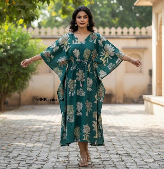cotton kaftan dress Buy Green V-Neck With Dori Cotton Mini Length Kaftan Dress With Bird Print and Pom Pom Trim main image 1