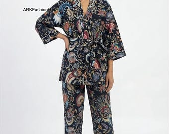 Luxury Indian Floral Printed Cotton Kimono with Pajama Set, Elegant Stylish Night Wear, Travel Friendly, Summer Party & Breathable