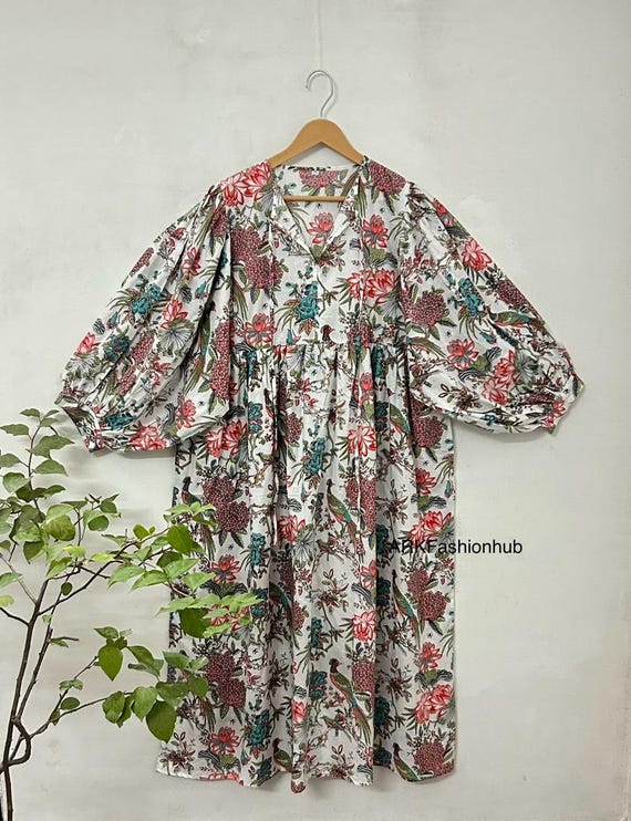 Pure Cotton Indian Print Boho Colourful Summer Earthy Elegant Comfy Daywear Mom Outfit Dress | Summer Beach Travel Outfit Dress, Mom Gifts