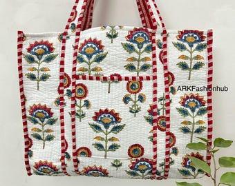 Floral Hand Block Printed Cotton Tote Bag: Quilted Shopping Bag