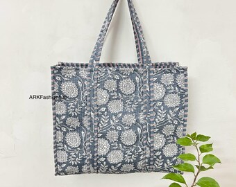 Beautiful Traditional Print Hand Block Tote Bag, Block Print Fashion Bag, Soft Cotton Gray Floral Bag,