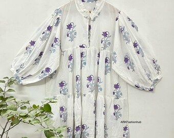 Hand Block Soft Cotton Mini Midi Dress, Floral Cotton Dress, Women And Girls Wear Best Dress, Pure Cotton Dress Indian Ethnic Clothing Dress