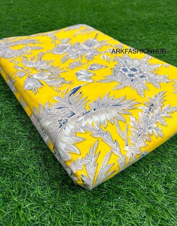 Tessuto 100% Cotone Stampato Prato Floreale - Giallo Boho, Larghezza 112 Cm, Venduto A Metro