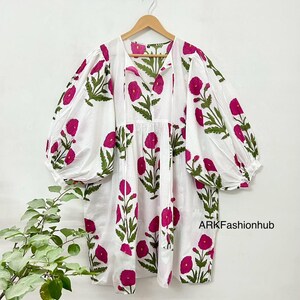 Indian Hand Block Printed pink Floral Dress, Pure Cotton Dress, Comfortable Mini Midi Dress, Daily Wear Loose Fit Dress, Women Printed Dress