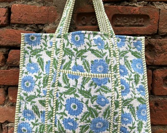 Floral Hand Block Print Quilted Tote Bag: Indian Artisan Design