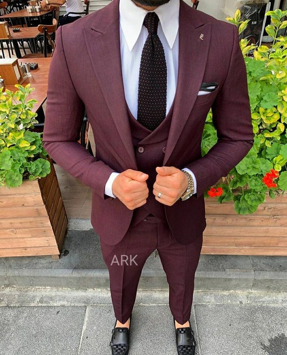Burgundy 3 piece slim fit suit clearance
