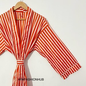 Orange Striped Cotton Kimono Robe – Handmade Summer Lounge Wear for Women, Lightweight Spa Wrap Boho Coastal Chic Dressing Gown Gift for Her