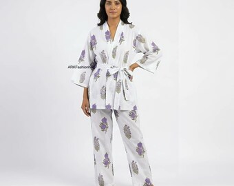 Elegant Indian Floral Print Cotton Kimono Pajama Set, Stylish Comfortable Night Wear, Travel Summer Breathable