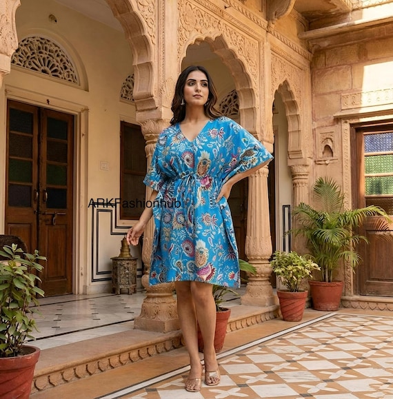 short cotton kaftan dresses Short Cotton Kaftan, Hand Block Print Tunic, Boho Beach Dress Alternative,  Summer Resort Kaftan, Indian Floral Top, Casual Cotton Wear