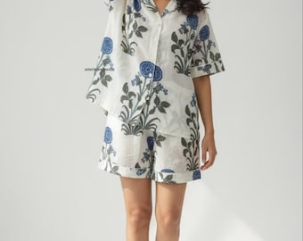 Indian Hand Made Pure Cotton Sleep Set for Women | Relax in Style with Our Elegant Shirt Shorts Everyday Comfortable Set