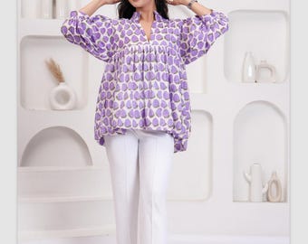 Beautiful Print Indian Hand Made Cotton Blouse Top, Jaipur Printed Blouse, Women Best Tailored Blouse, Mom Outfit Loose Shopping Travel Top