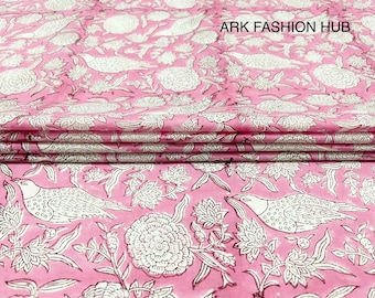 5 Yard Pink Bird Print Cotton Fabric, Sewing Fabric, Dressmaking Fabric, Indian Fabric By The Yard, Handcrafts Fabric, Upholstery Fabric