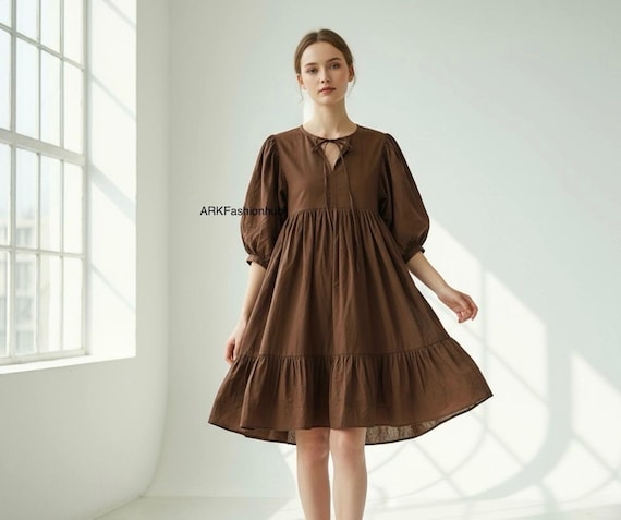 cotton daily wear dress Brown Bohemian Cotton Women Mini Midi Dress, Boho Cotton Comfy Daily Wear  Dress, Gifts for Mother's Sister Dress, Vacation Travel Dress
