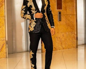 Black Suit Two Pieces Sequins Embroidery Wedding Grooms Tuxedos Custom Made One Button Formal Prom Suit African Suit